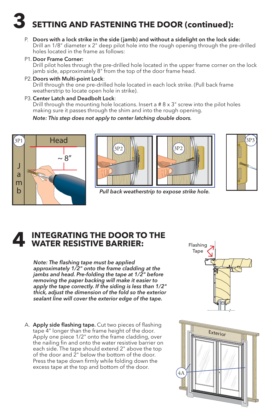 Setting and fastening the door (continued), Head ~ 8” j a m b | Pella 81DU0100 User Manual | Page 9 / 19