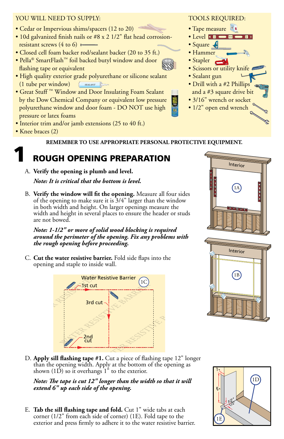 Rough opening preparation | Pella Bay and Bow window with seat board 80AT0102 User Manual | Page 2 / 16