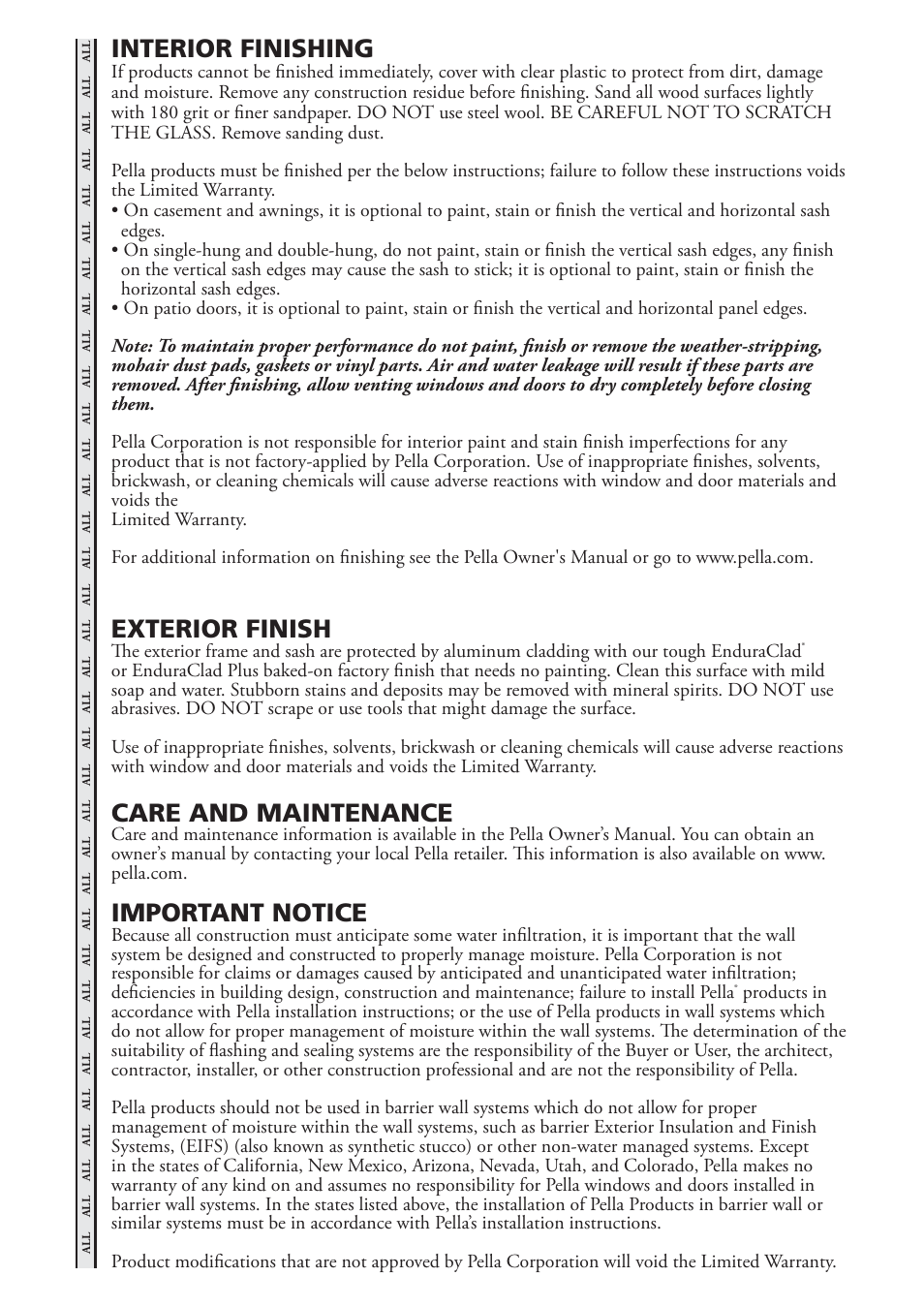 Interior finishing, Important notice, Exterior finish | Care and maintenance | Pella 81470102 User Manual | Page 12 / 12