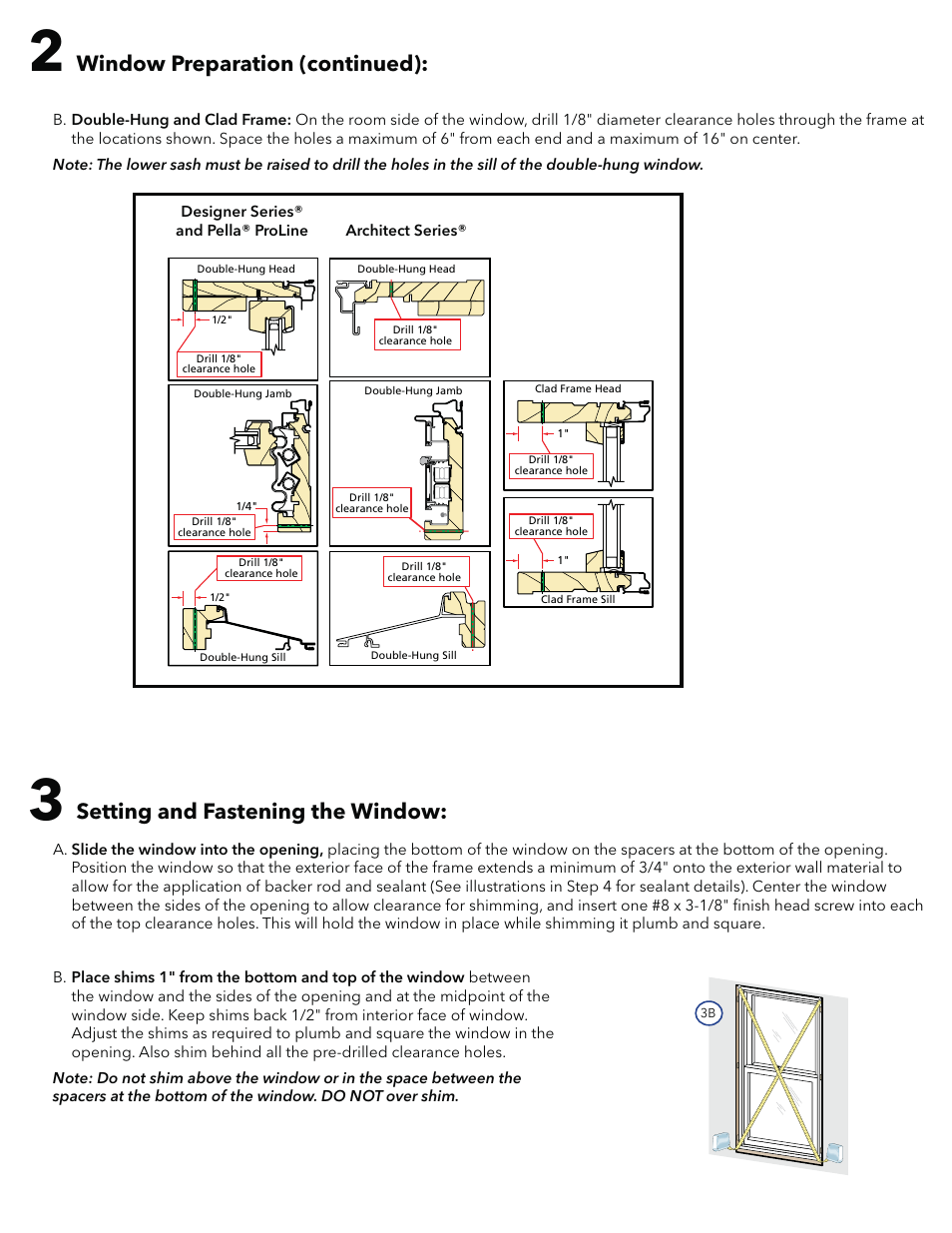 Window preparation (continued), Setting and fastening the window | Pella 807X0101 User Manual | Page 3 / 7