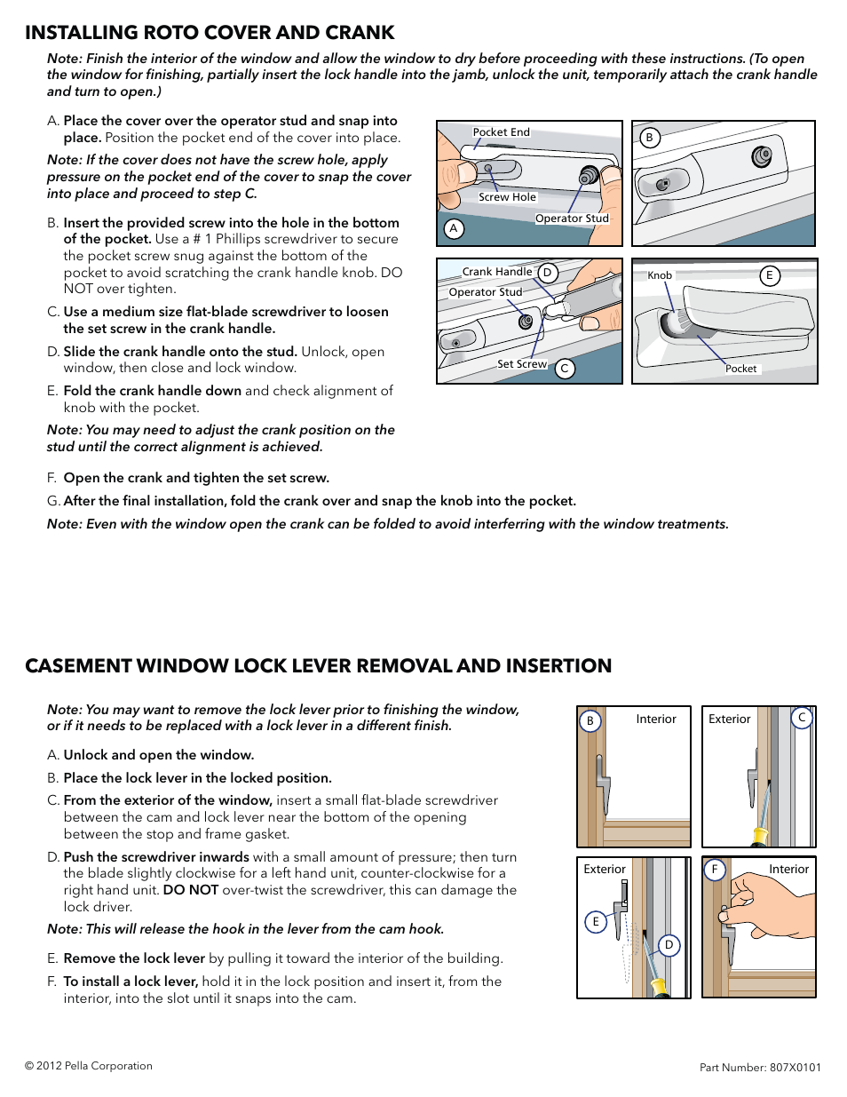 Casement window lock lever removal and insertion, Installing roto cover and crank | Pella 807X0101 User Manual | Page 7 / 7