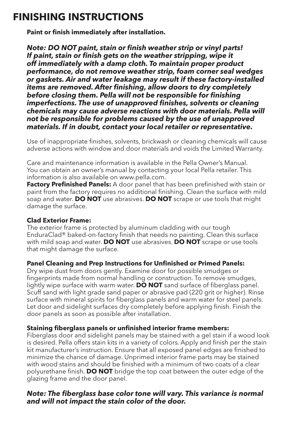 Finishing instructions | Pella 818T0101 User Manual | Page 15 / 16