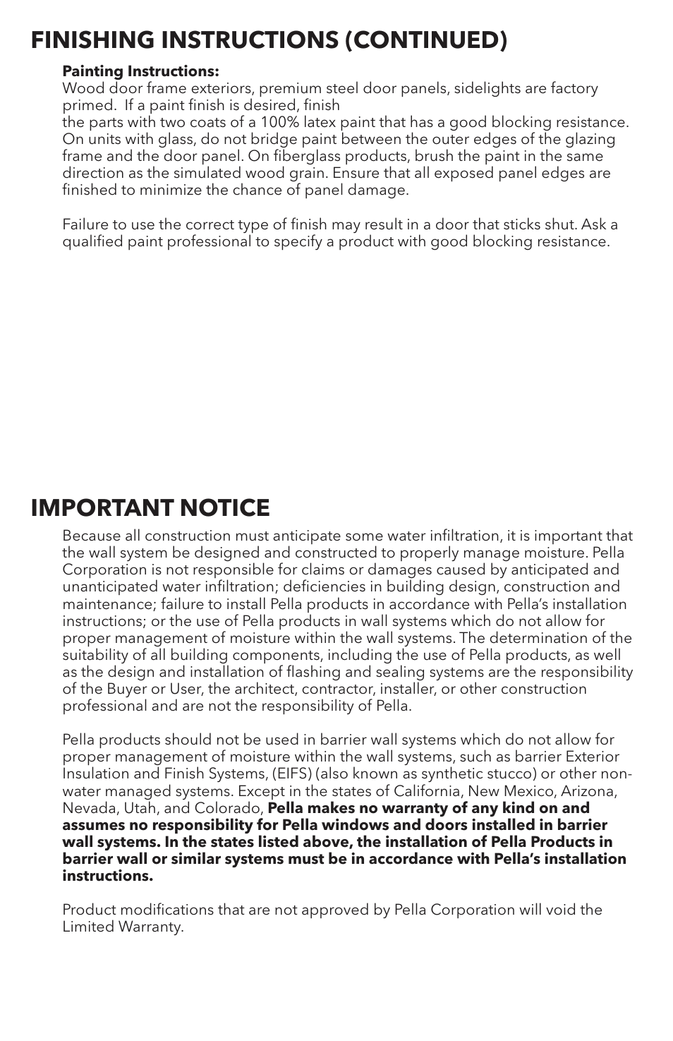Important notice, Finishing instructions (continued) | Pella 818T0101 User Manual | Page 16 / 16