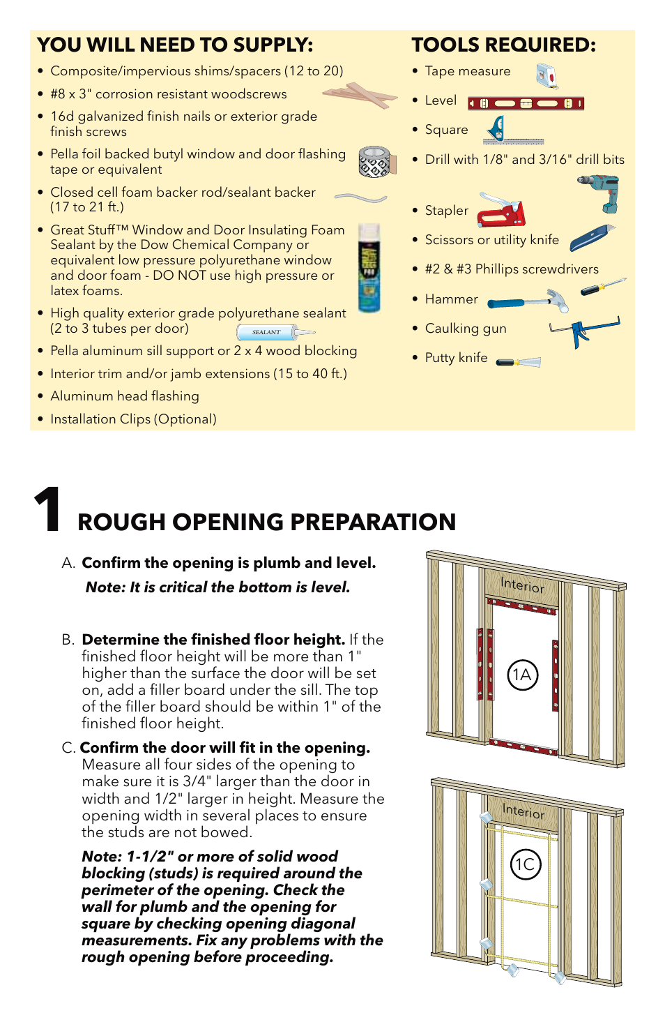 Rough opening preparation, You will need to supply: tools required | Pella 818T0101 User Manual | Page 2 / 16