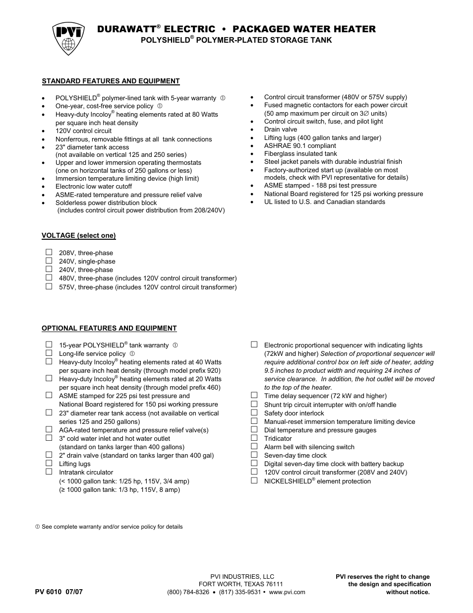 PVI Industries Durawatt Polymer-Plated Storage Tank User Manual | 1 page