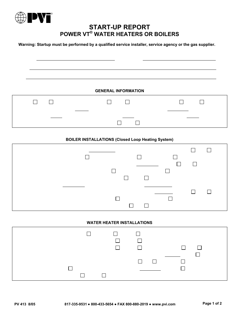 Start-up report, Power vt, Water heaters or boilers | PVI Industries PV 413A User Manual | Page 2 / 3