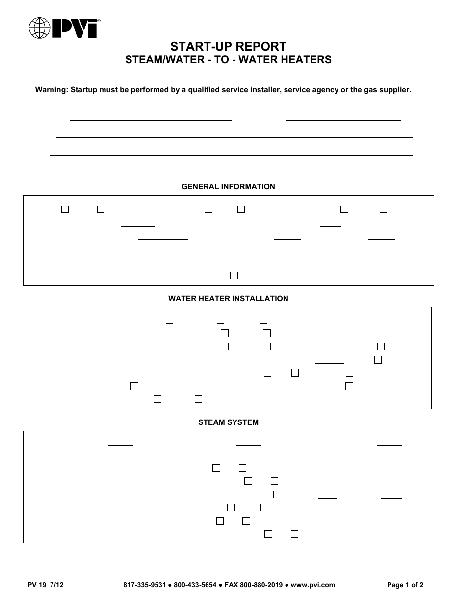 Start-up report, Steam/water - to - water heaters | PVI Industries PV 19A User Manual | Page 2 / 3