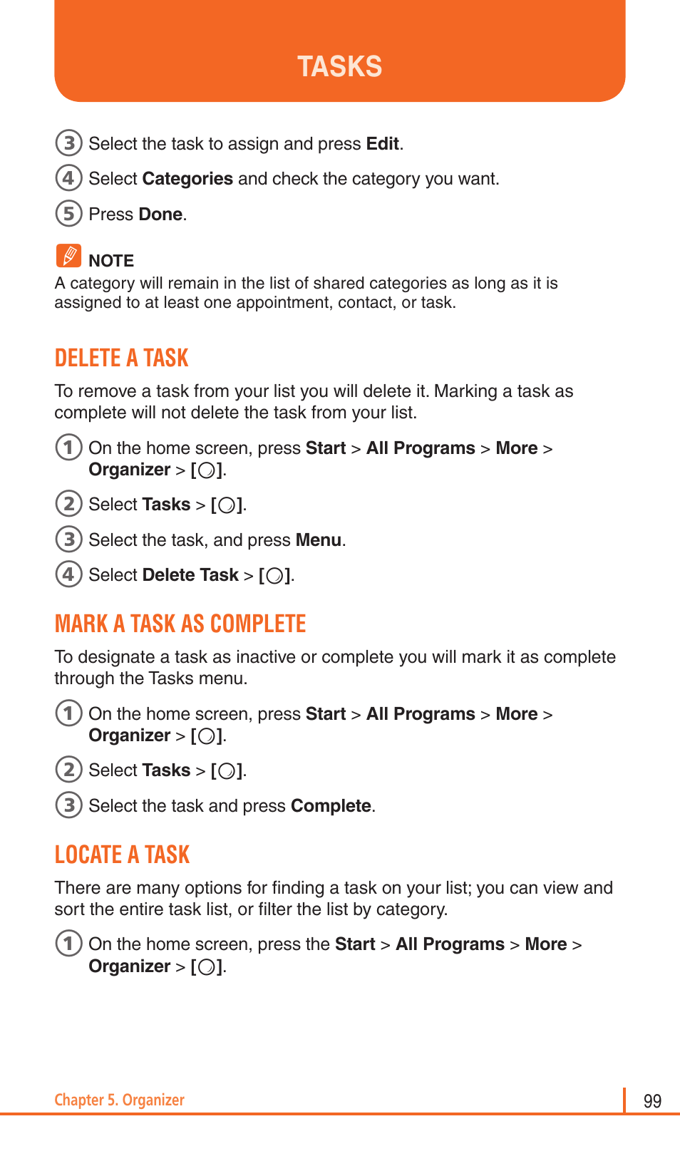 Tasks, Delete a task, Mark a task as complete | Locate a task | Pantech Matrix Pro User Manual | Page 101 / 261