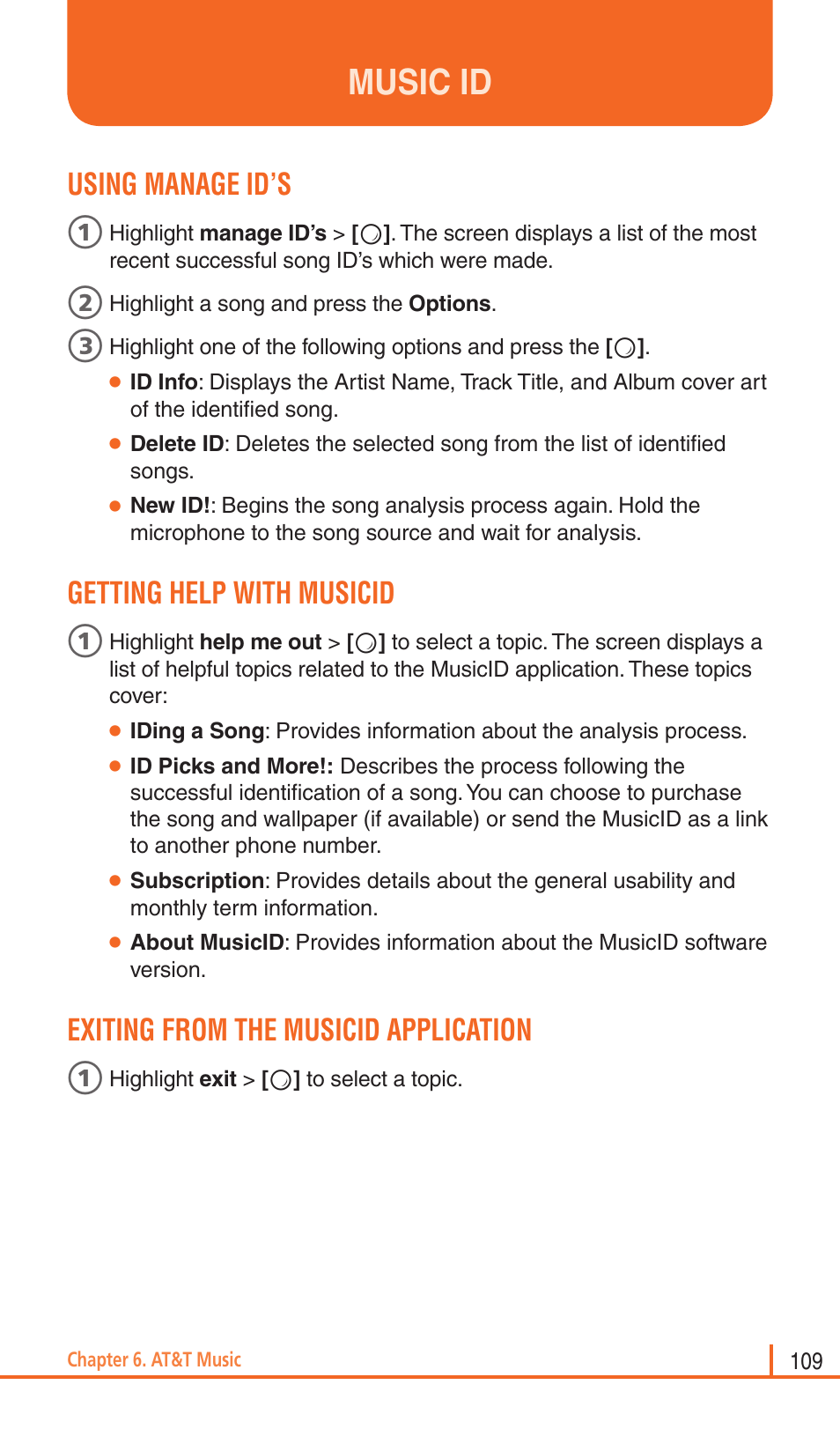 Music id, Using manage id’s, Getting help with musicid | Exiting from the musicid application | Pantech Matrix Pro User Manual | Page 111 / 261