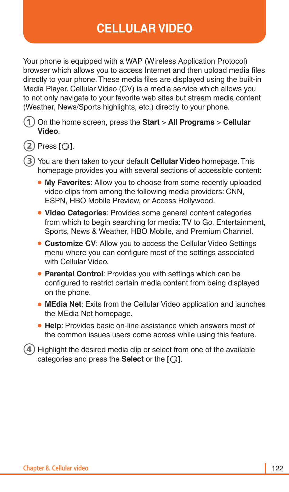 Cellular video | Pantech Matrix Pro User Manual | Page 124 / 261