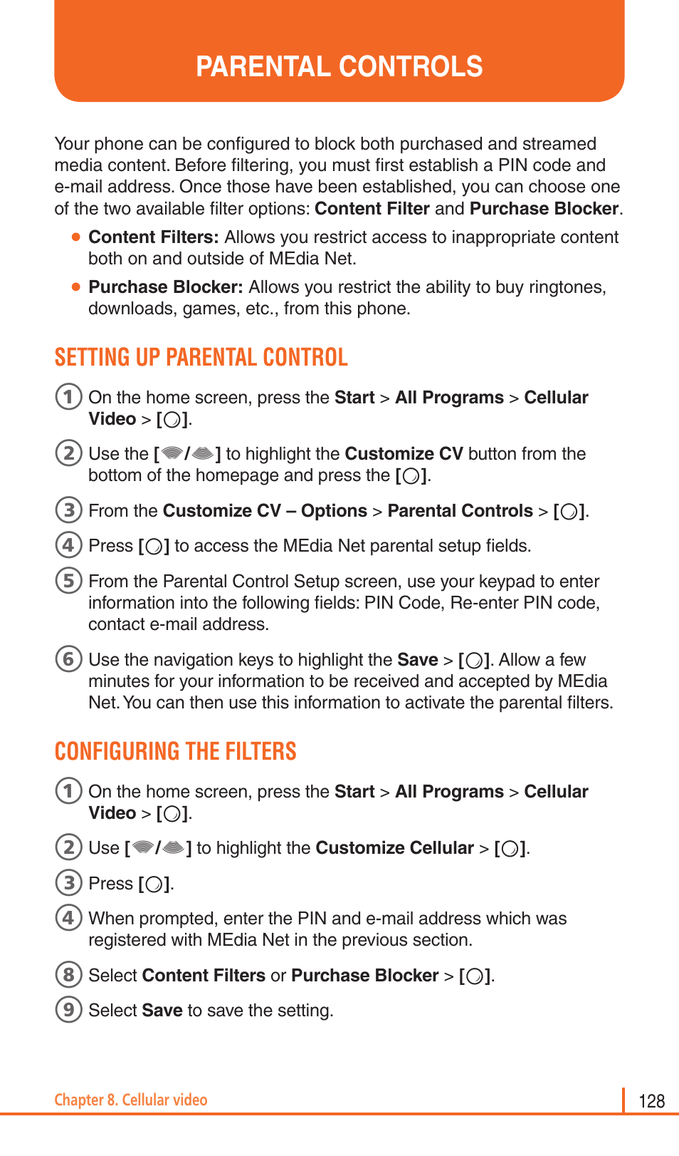 Parental controls, Setting up parental control, Configuring the filters | Pantech Matrix Pro User Manual | Page 130 / 261