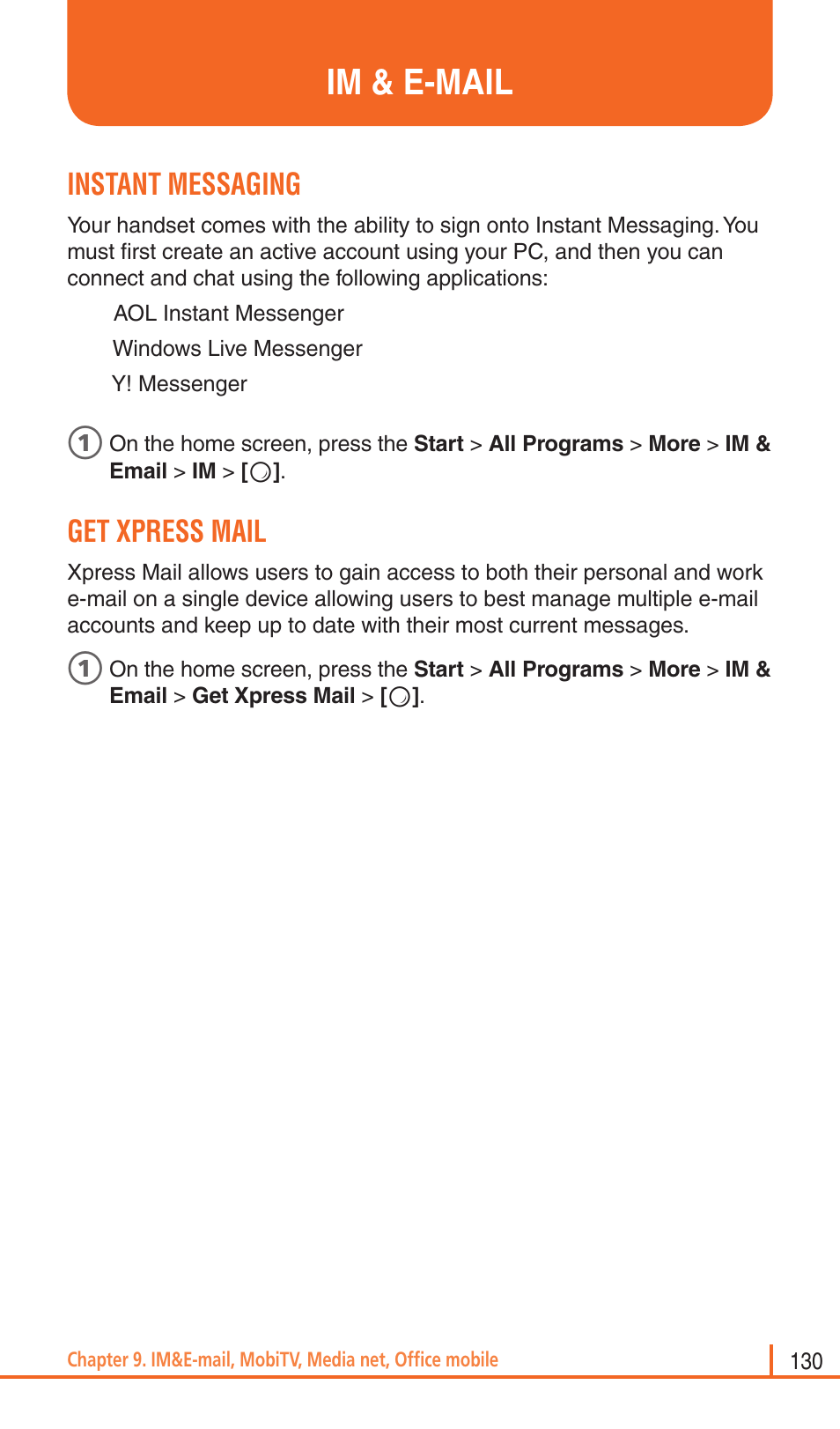 Im & e-mail, Instant messaging, Get xpress mail | Pantech Matrix Pro User Manual | Page 132 / 261