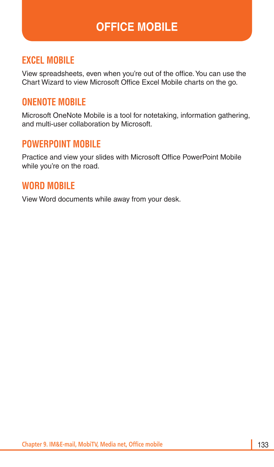 Office mobile, Excel mobile, Powerpoint mobile | Word mobile | Pantech Matrix Pro User Manual | Page 135 / 261