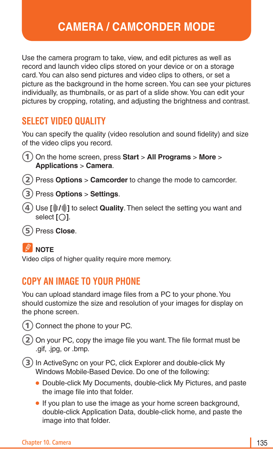 Camera / camcorder mode, Select video quality, Copy an image to your phone | Pantech Matrix Pro User Manual | Page 137 / 261