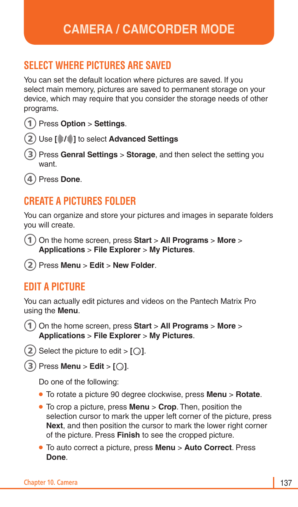 Camera / camcorder mode, Select where pictures are saved, Create a pictures folder | Edit a picture | Pantech Matrix Pro User Manual | Page 139 / 261