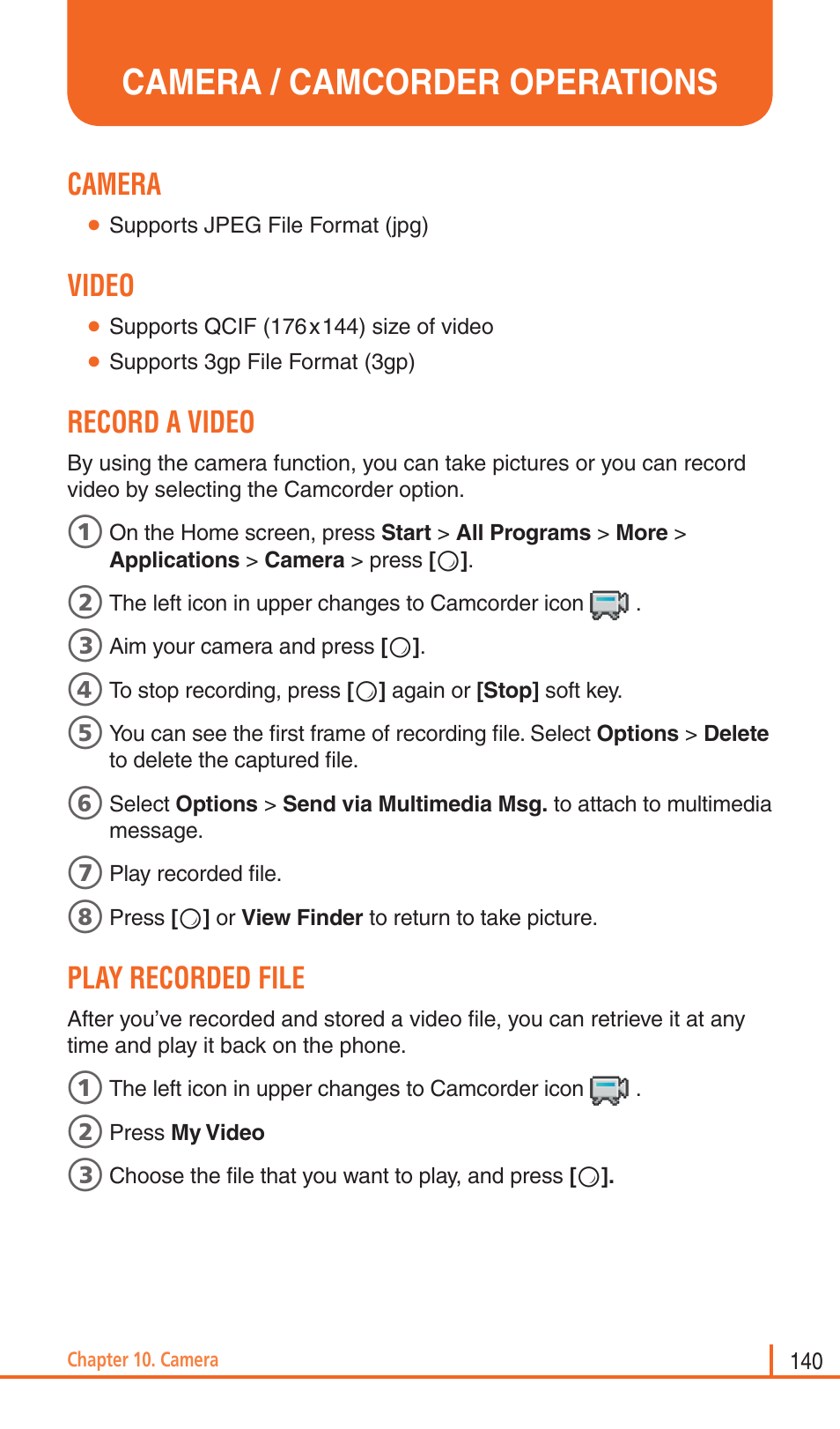 Camera / camcorder operations, Camera, Video | Record a video, Play recorded file | Pantech Matrix Pro User Manual | Page 142 / 261