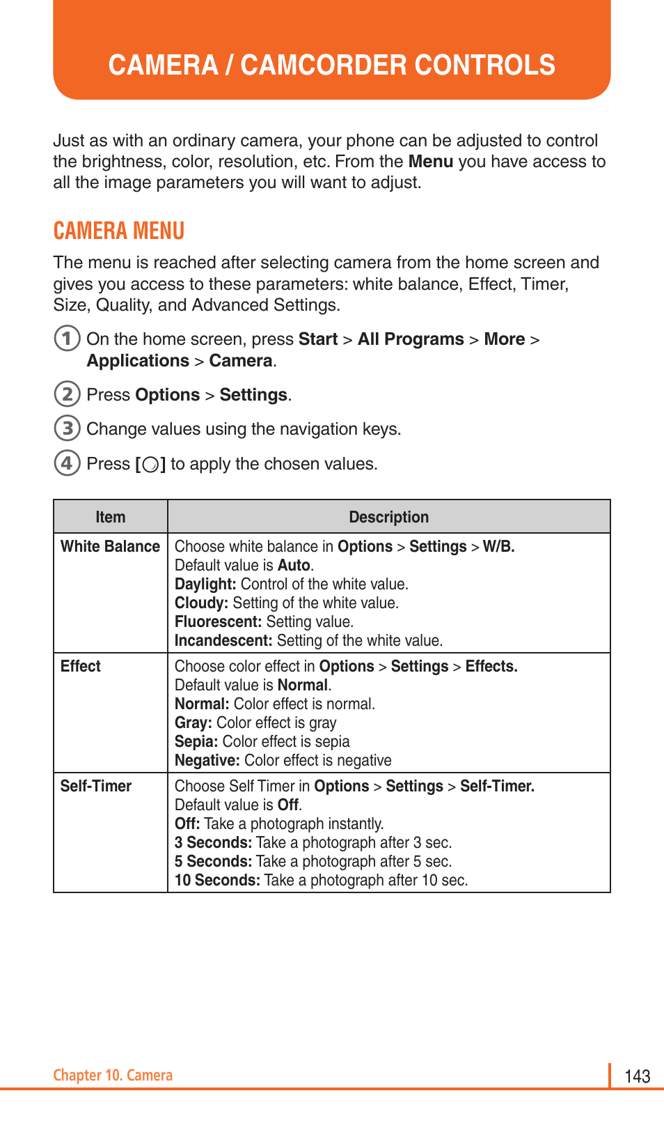 Camera / camcorder controls, Camera menu | Pantech Matrix Pro User Manual | Page 145 / 261