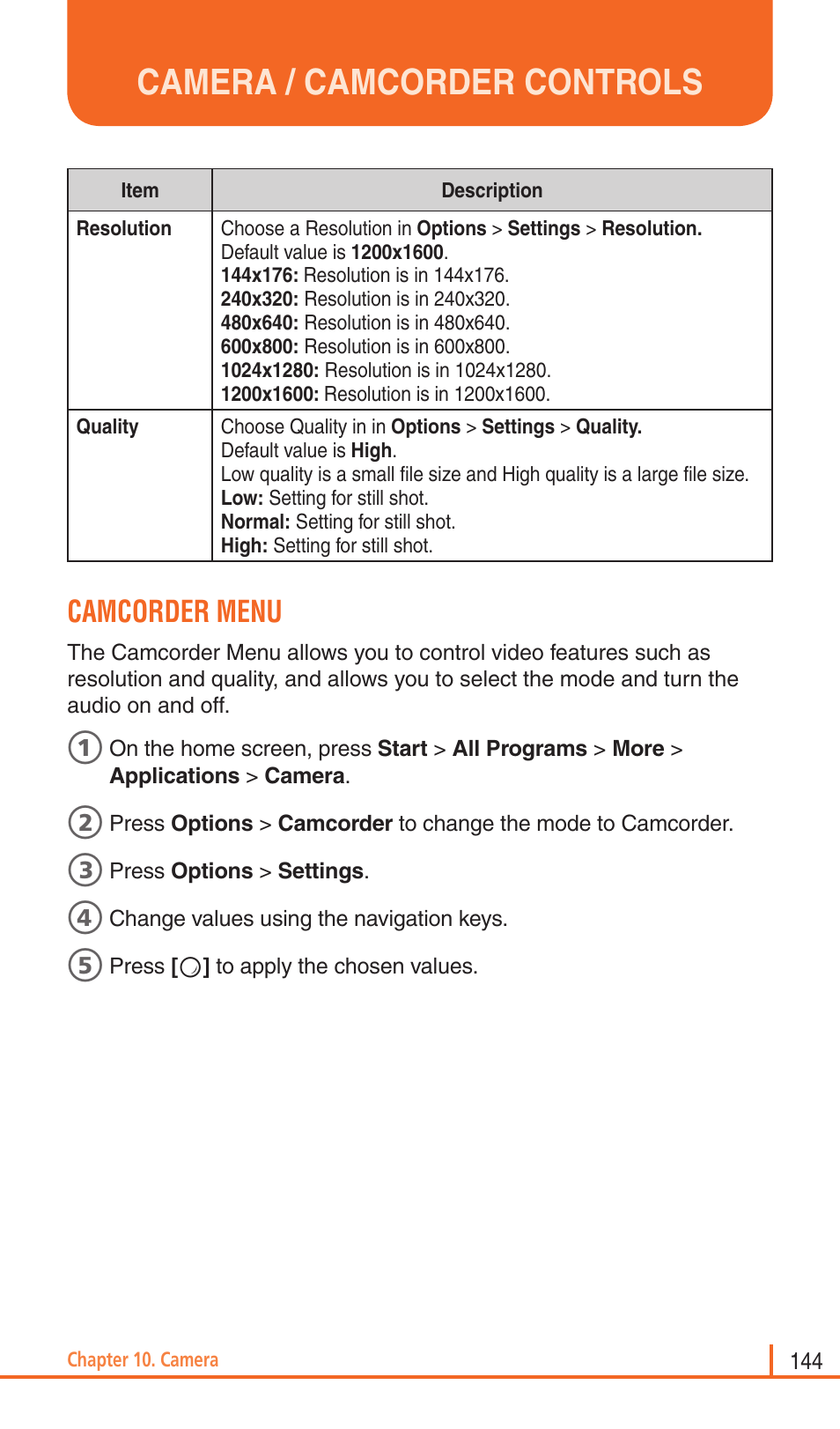 Camera / camcorder controls, Camcorder menu | Pantech Matrix Pro User Manual | Page 146 / 261