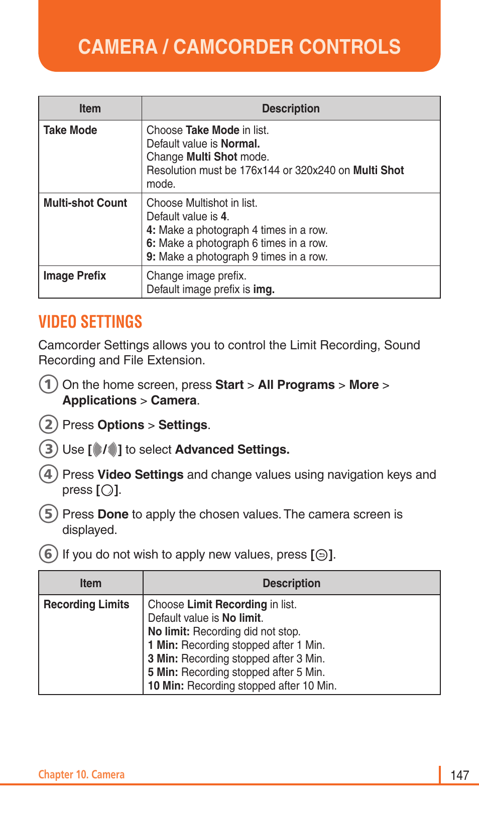 Camera / camcorder controls, Video settings | Pantech Matrix Pro User Manual | Page 149 / 261