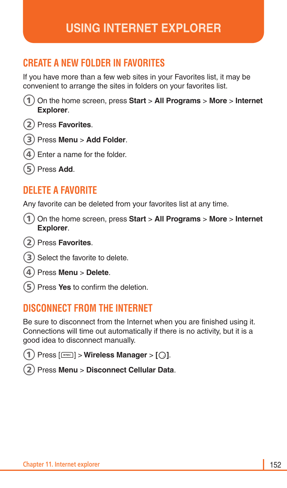 Using internet explorer, Create a new folder in favorites, Delete a favorite | Disconnect from the internet | Pantech Matrix Pro User Manual | Page 154 / 261