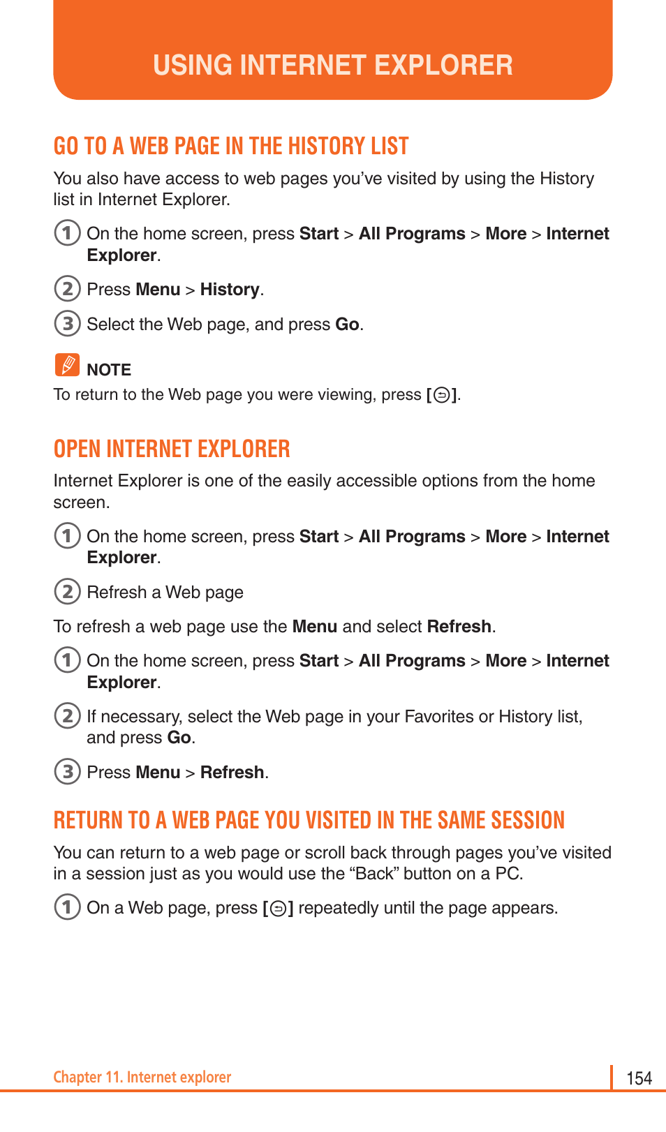 Using internet explorer, Go to a web page in the history list, Open internet explorer | Pantech Matrix Pro User Manual | Page 156 / 261