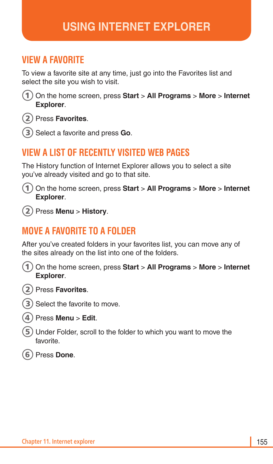 Using internet explorer, View a favorite, View a list of recently visited web pages | Move a favorite to a folder | Pantech Matrix Pro User Manual | Page 157 / 261