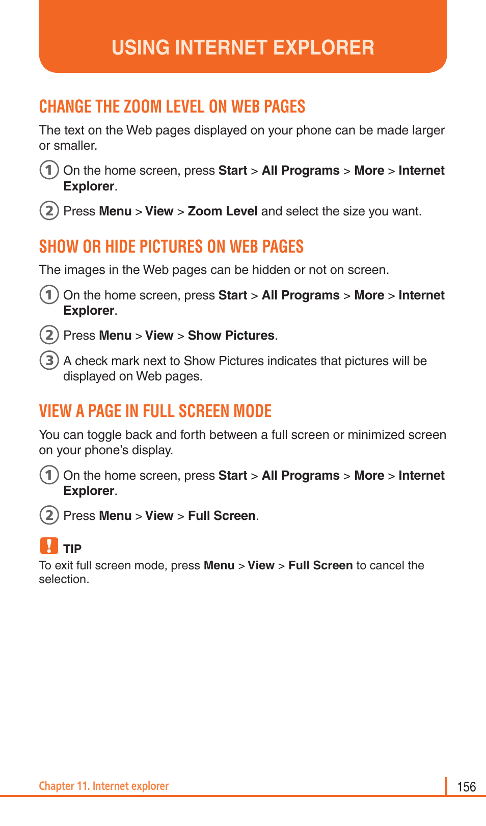 Using internet explorer, Change the zoom level on web pages, Show or hide pictures on web pages | View a page in full screen mode | Pantech Matrix Pro User Manual | Page 158 / 261