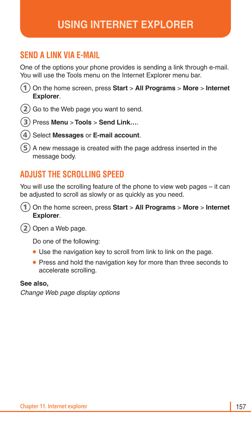 Using internet explorer, Send a link via e-mail, Adjust the scrolling speed | Pantech Matrix Pro User Manual | Page 159 / 261