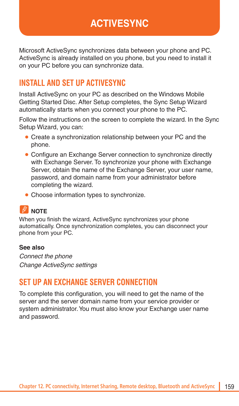 Activesync, Install and set up activesync, Set up an exchange server connection | Pantech Matrix Pro User Manual | Page 161 / 261