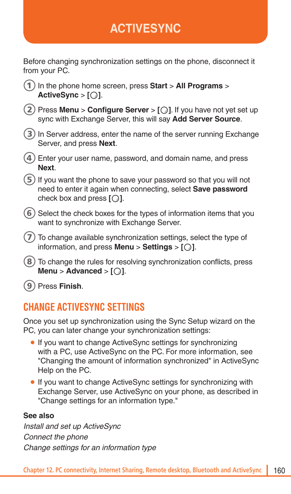 Activesync, Change activesync settings | Pantech Matrix Pro User Manual | Page 162 / 261