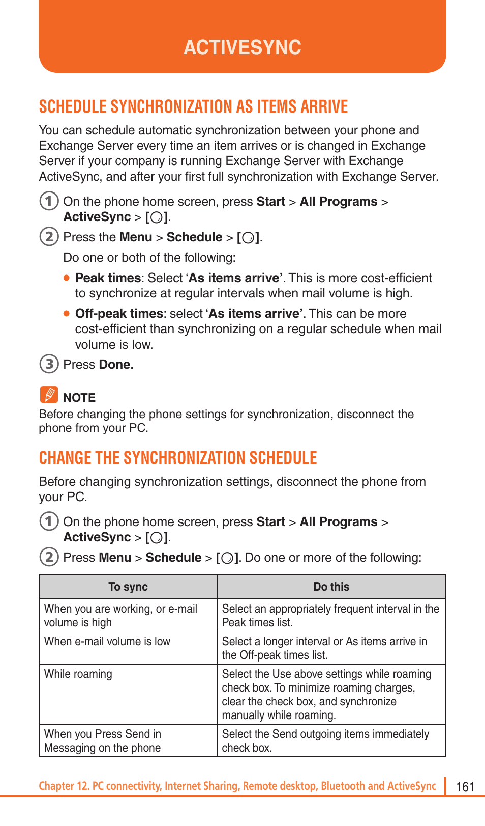 Activesync, Schedule synchronization as items arrive, Change the synchronization schedule | Pantech Matrix Pro User Manual | Page 163 / 261
