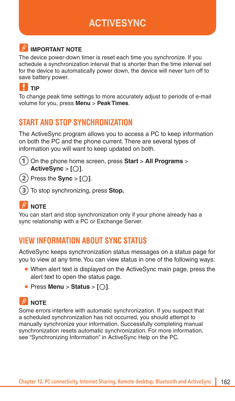 Activesync, Start and stop synchronization, View information about sync status | Pantech Matrix Pro User Manual | Page 164 / 261