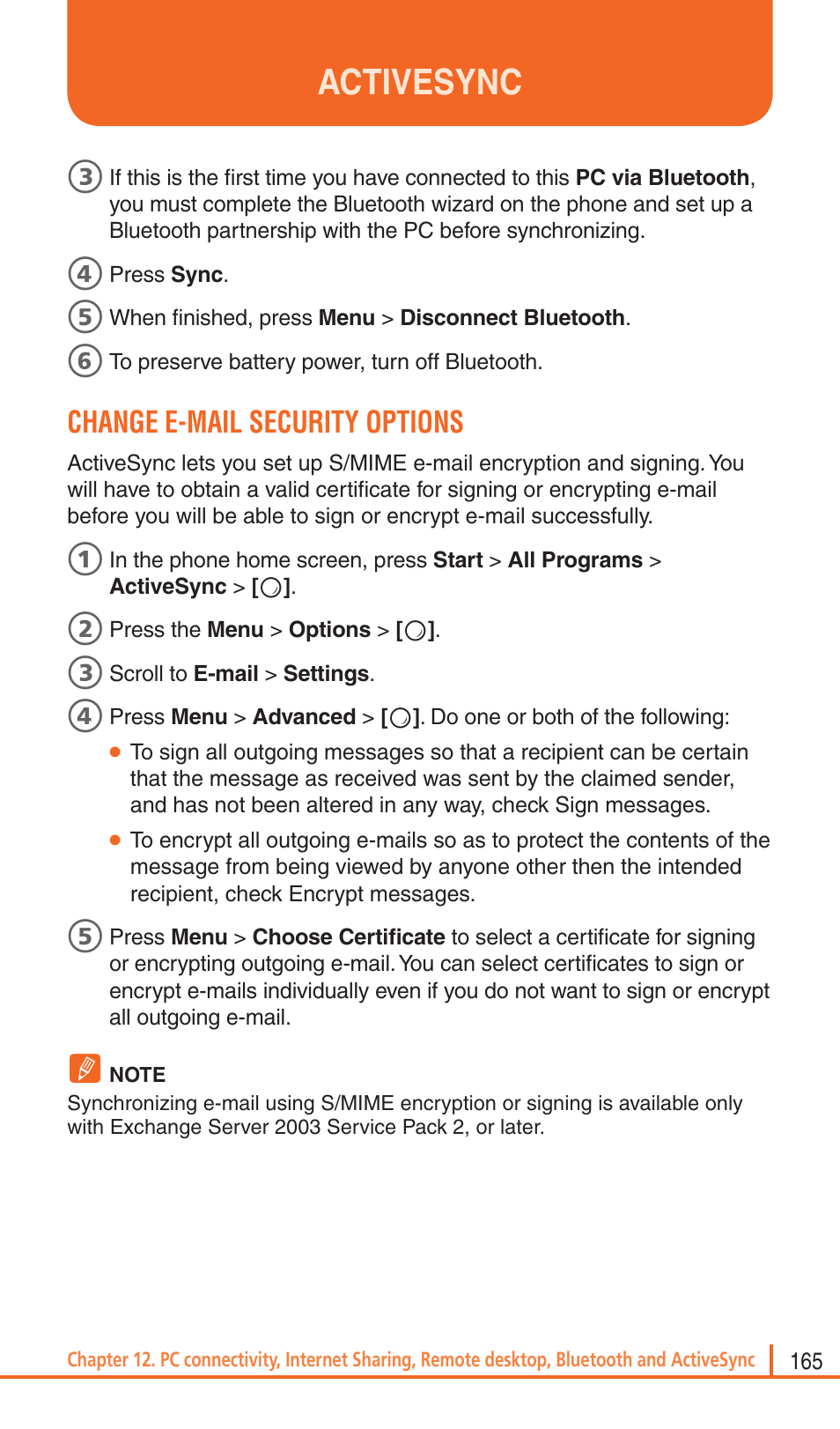 Activesync, Change e-mail security options | Pantech Matrix Pro User Manual | Page 167 / 261