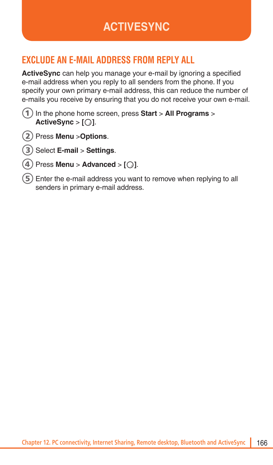 Activesync, Exclude an e-mail address from reply all | Pantech Matrix Pro User Manual | Page 168 / 261