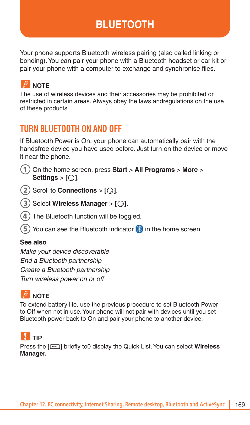 Bluetooth, Turn bluetooth on and off | Pantech Matrix Pro User Manual | Page 171 / 261