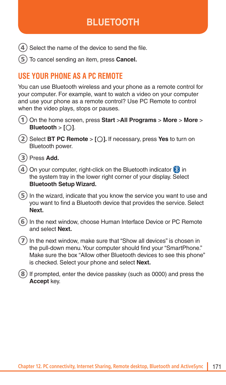 Bluetooth, Use your phone as a pc remote | Pantech Matrix Pro User Manual | Page 173 / 261