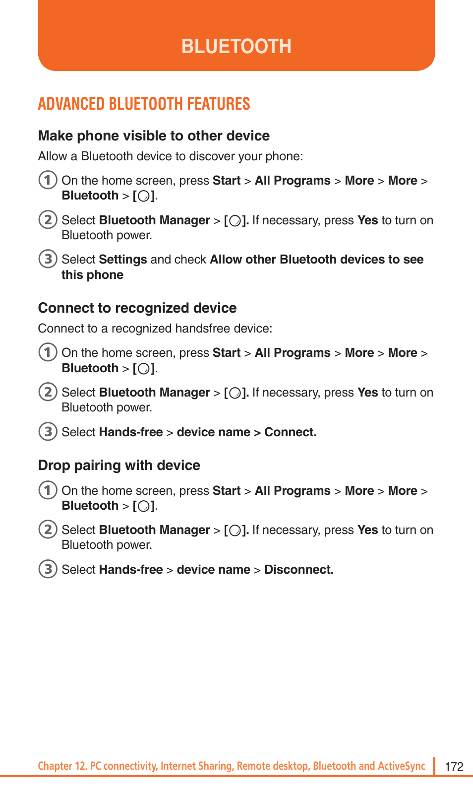 Bluetooth, Advanced bluetooth features | Pantech Matrix Pro User Manual | Page 174 / 261
