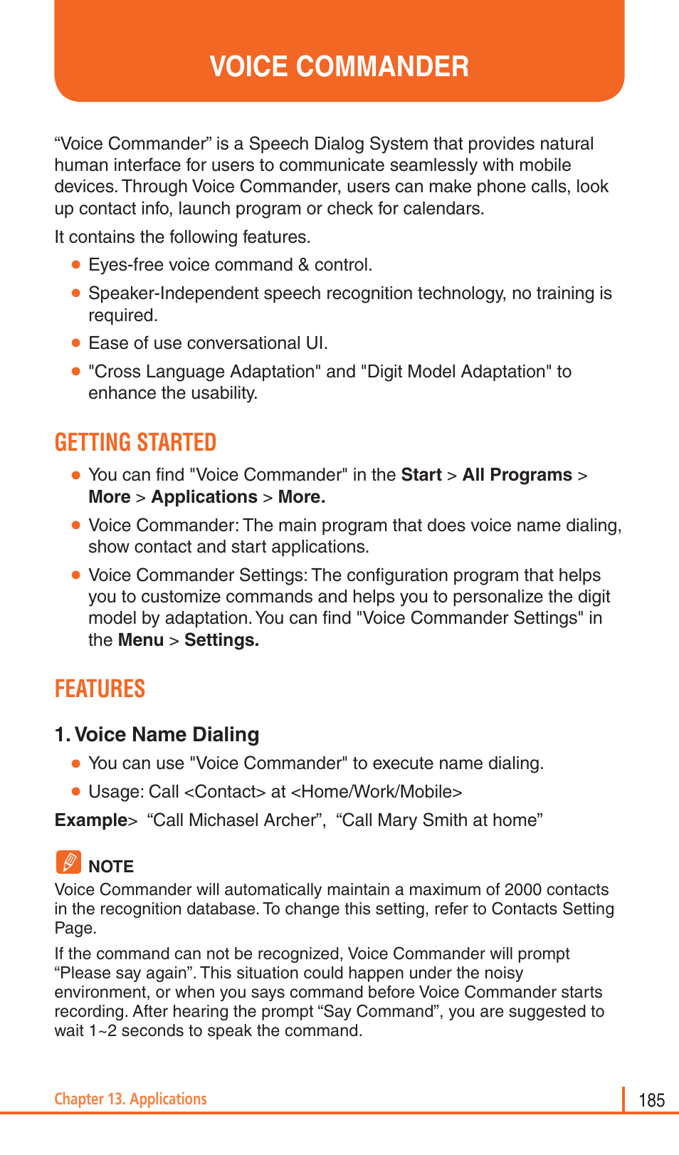 Voice commander, Getting started, Features | Pantech Matrix Pro User Manual | Page 187 / 261