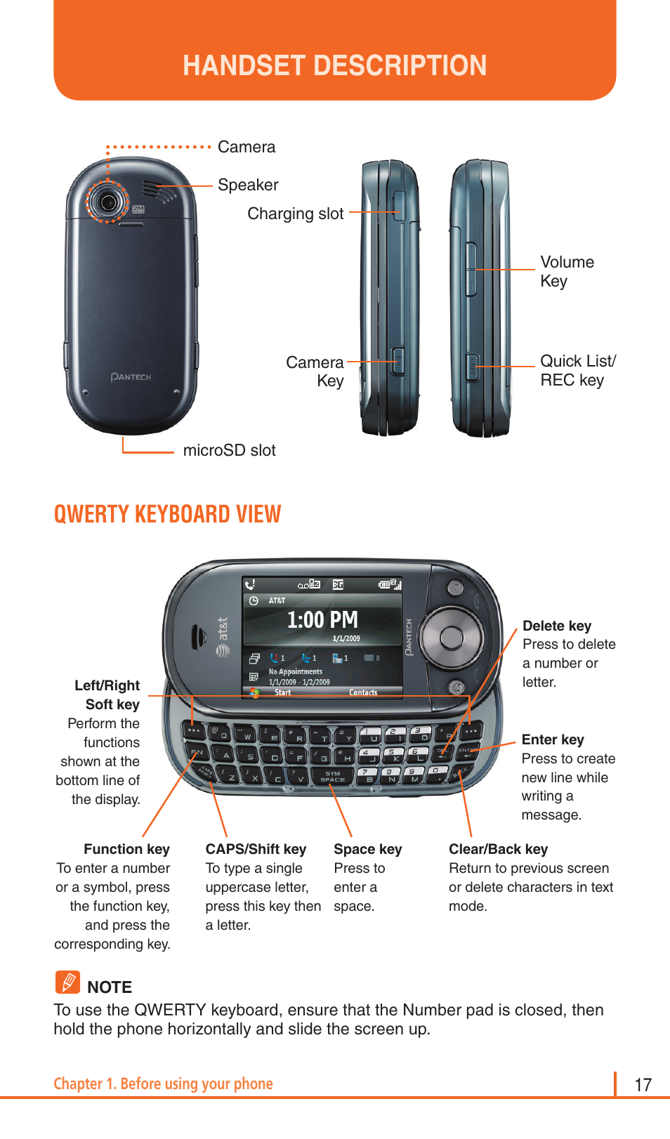 Handset description, Qwerty keyboard view | Pantech Matrix Pro User Manual | Page 19 / 261