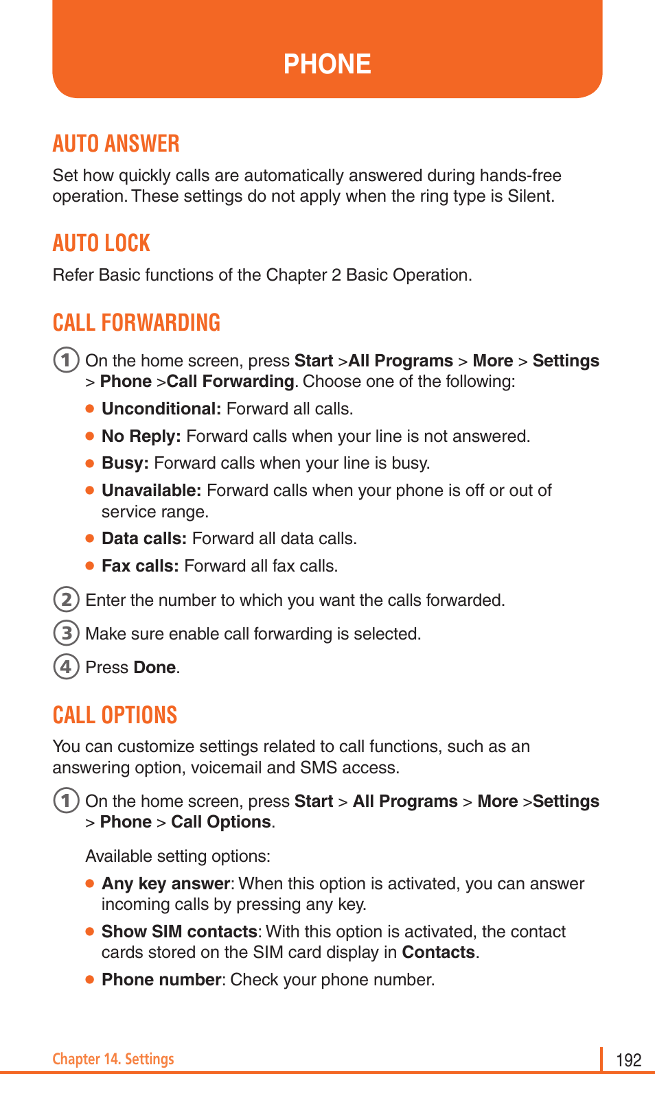 Phone, Auto answer, Auto lock | Call forwarding, Call options | Pantech Matrix Pro User Manual | Page 194 / 261