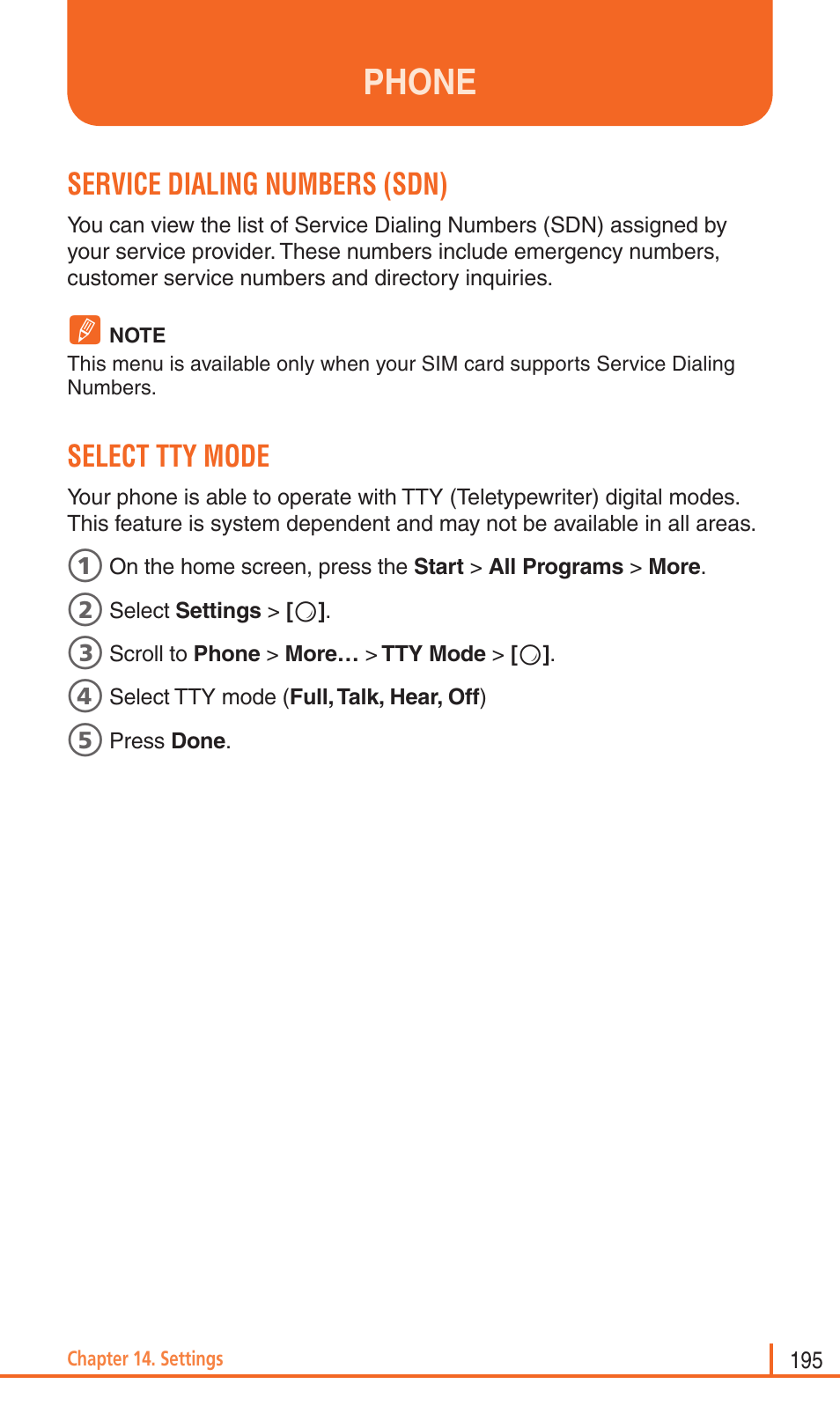 Phone, Service dialing numbers (sdn), Select tty mode | Pantech Matrix Pro User Manual | Page 197 / 261