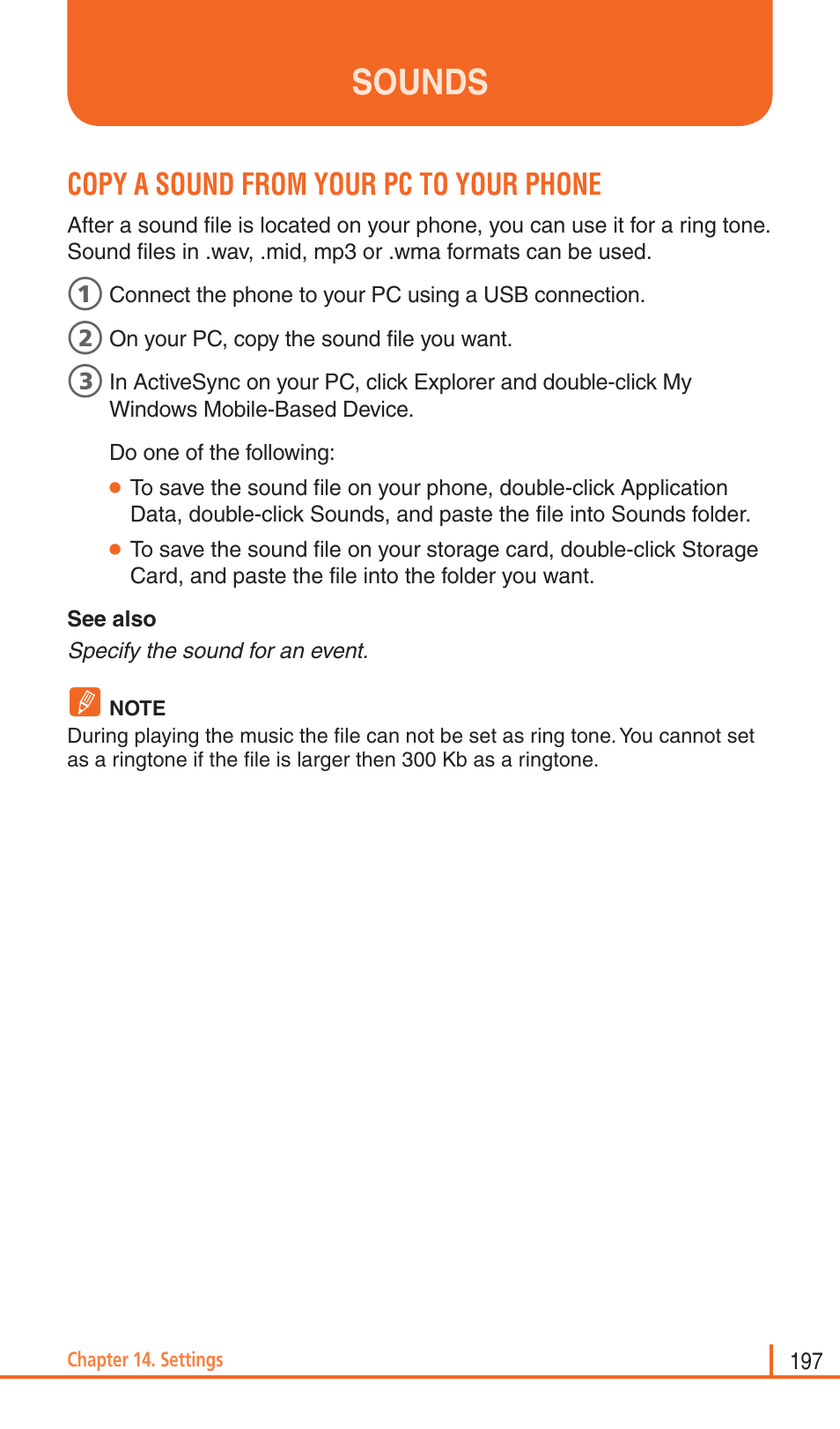 Sounds, Copy a sound from your pc to your phone | Pantech Matrix Pro User Manual | Page 199 / 261