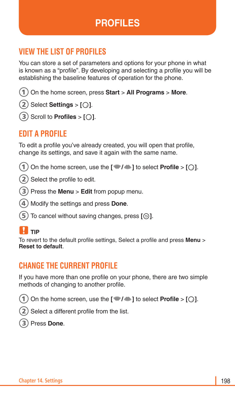 Profiles, View the list of profiles, Edit a profile | Change the current profile | Pantech Matrix Pro User Manual | Page 200 / 261