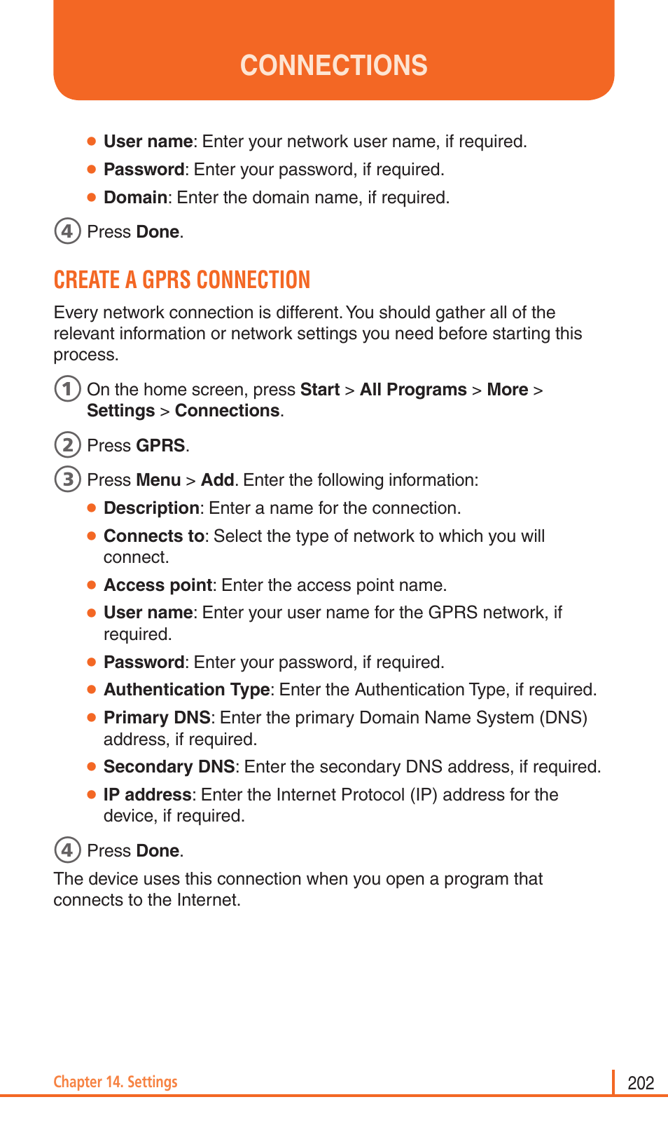 Connections, Create a gprs connection | Pantech Matrix Pro User Manual | Page 204 / 261