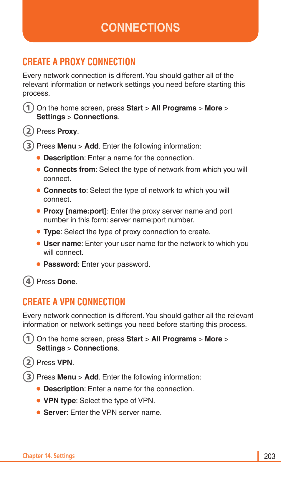 Connections, Create a proxy connection, Create a vpn connection | Pantech Matrix Pro User Manual | Page 205 / 261