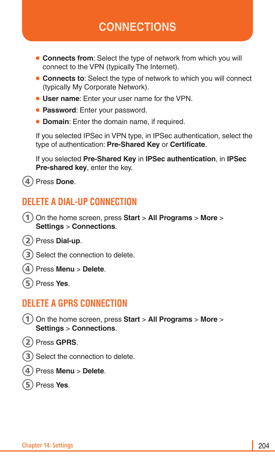 Connections, Delete a dial-up connection, Delete a gprs connection | Pantech Matrix Pro User Manual | Page 206 / 261