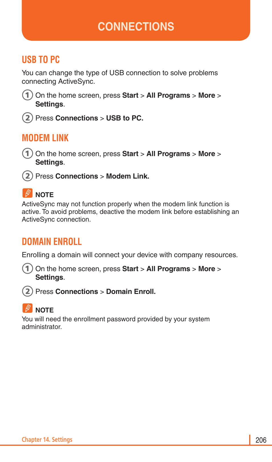 Connections, Usb to pc, Modem link | Domain enroll | Pantech Matrix Pro User Manual | Page 208 / 261