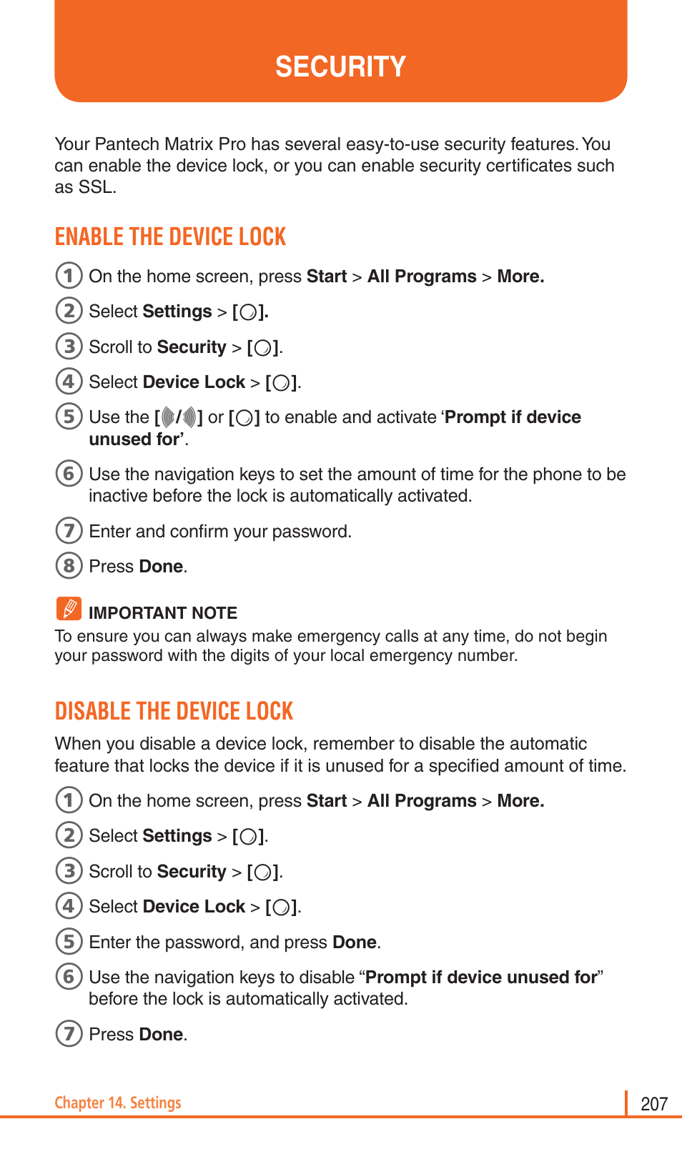 Security, Enable the device lock, Disable the device lock | Pantech Matrix Pro User Manual | Page 209 / 261