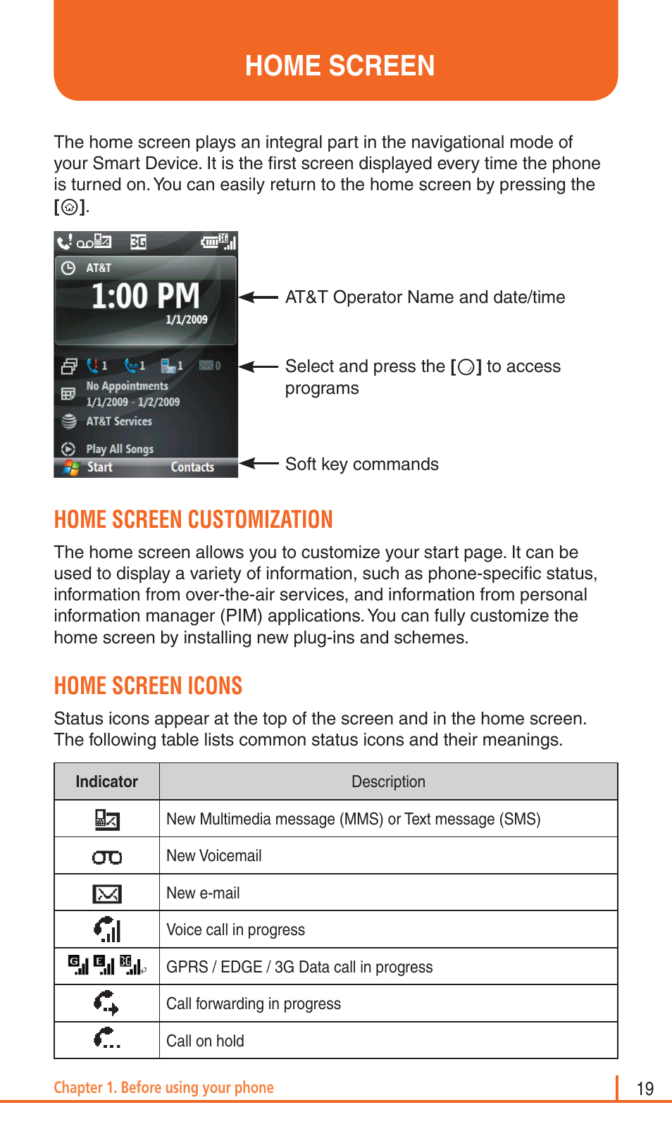 Home screen, Home screen customization, Home screen icons | Pantech Matrix Pro User Manual | Page 21 / 261