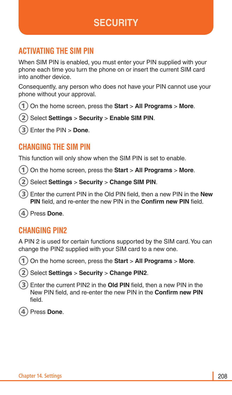 Security, Activating the sim pin, Changing the sim pin | Changing pin2 | Pantech Matrix Pro User Manual | Page 210 / 261